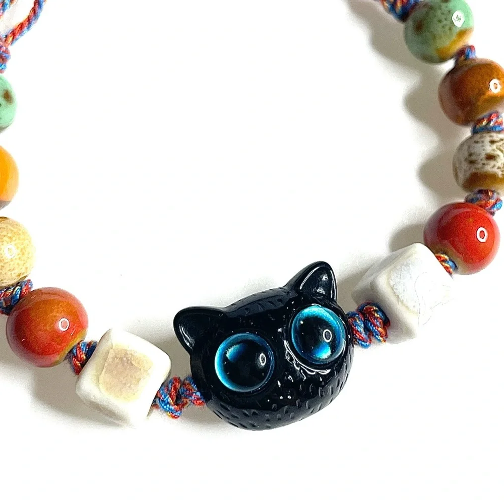 Black Cat Bracelet Red white Tan orange Ceramic Beaded Adjustable Cord